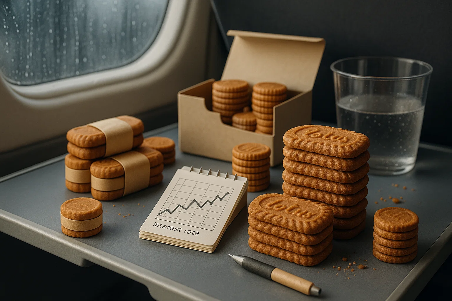 a realistic still life of Biscoff cookies minted like coins, snack box as treasury vault, a seat-back tray transformed into a central bank desk with a tiny interest-rate chart, photorealistic