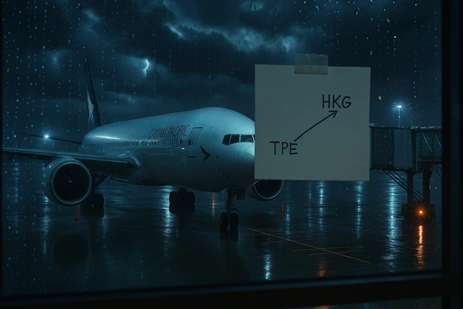 a realistic airport apron at night with rain, one Cathay 777 parked amid storm, arrows pointing to TPE and HKG on a small map taped to a window, photorealistic, moody lighting