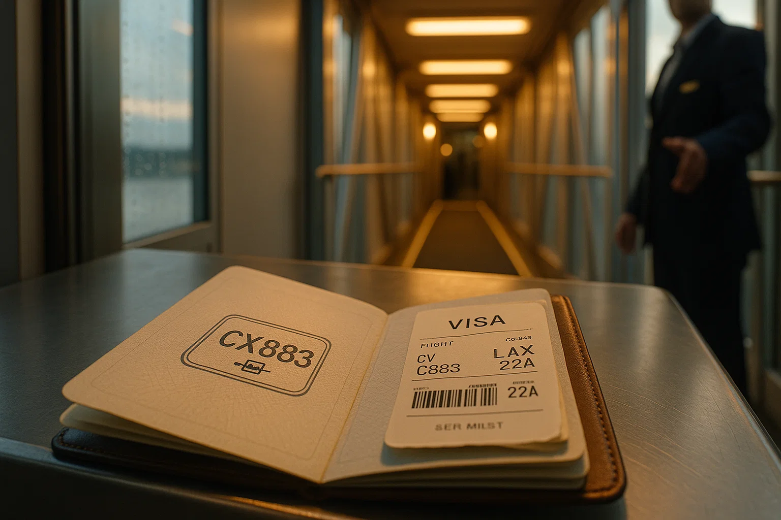 a realistic “passport” stamped CX883 with a seat-belt icon, boarding pass used as visa, deplaning jetbridge lit like a border crossing, photorealistic, hopeful tone