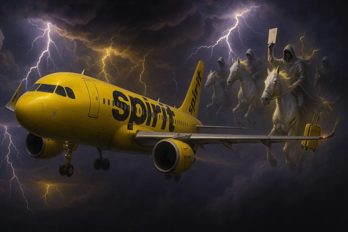 A realistic photorealistic image of Spirit Airlines’ signature yellow Airbus A320 flying through an apocalyptic sky filled with dark storm clouds, four pale horsemen painted in Spirit livery galloping alongside in the clouds, one holding a boarding pass, another holding a carry-on bag, cinematic lighting, ultra-detailed