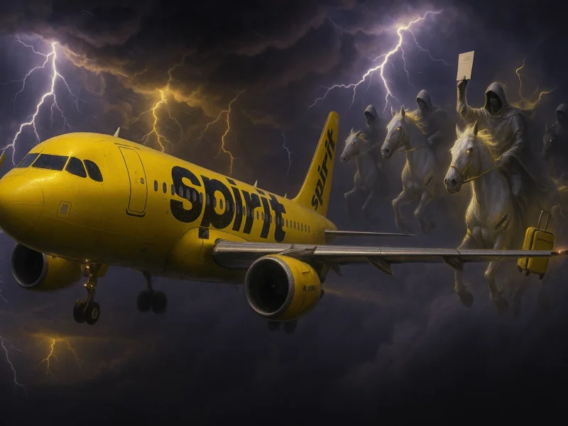 A realistic photorealistic image of Spirit Airlines’ signature yellow Airbus A320 flying through an apocalyptic sky filled with dark storm clouds, four pale horsemen painted in Spirit livery galloping alongside in the clouds, one holding a boarding pass, another holding a carry-on bag, cinematic lighting, ultra-detailed
