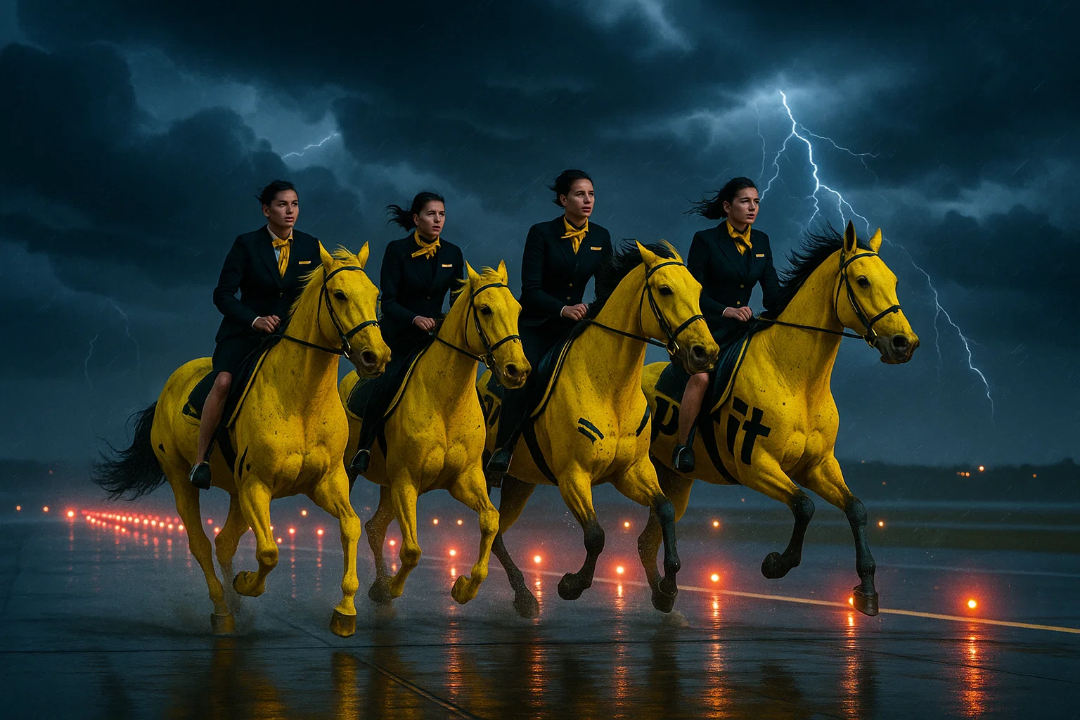 A realistic photo of four horsemen dressed in Spirit Airlines flight attendant uniforms riding through turbulent skies, each horse painted yellow with Spirit branding, approaching an airport runway engulfed in ominous clouds