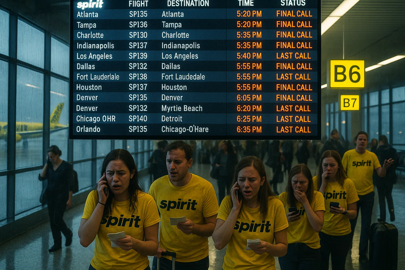 A realistic departure board at an airport showing Spirit Airlines flights all labeled “FINAL CALL” or “LAST EVER,” with distressed passengers in yellow Spirit T-shirts