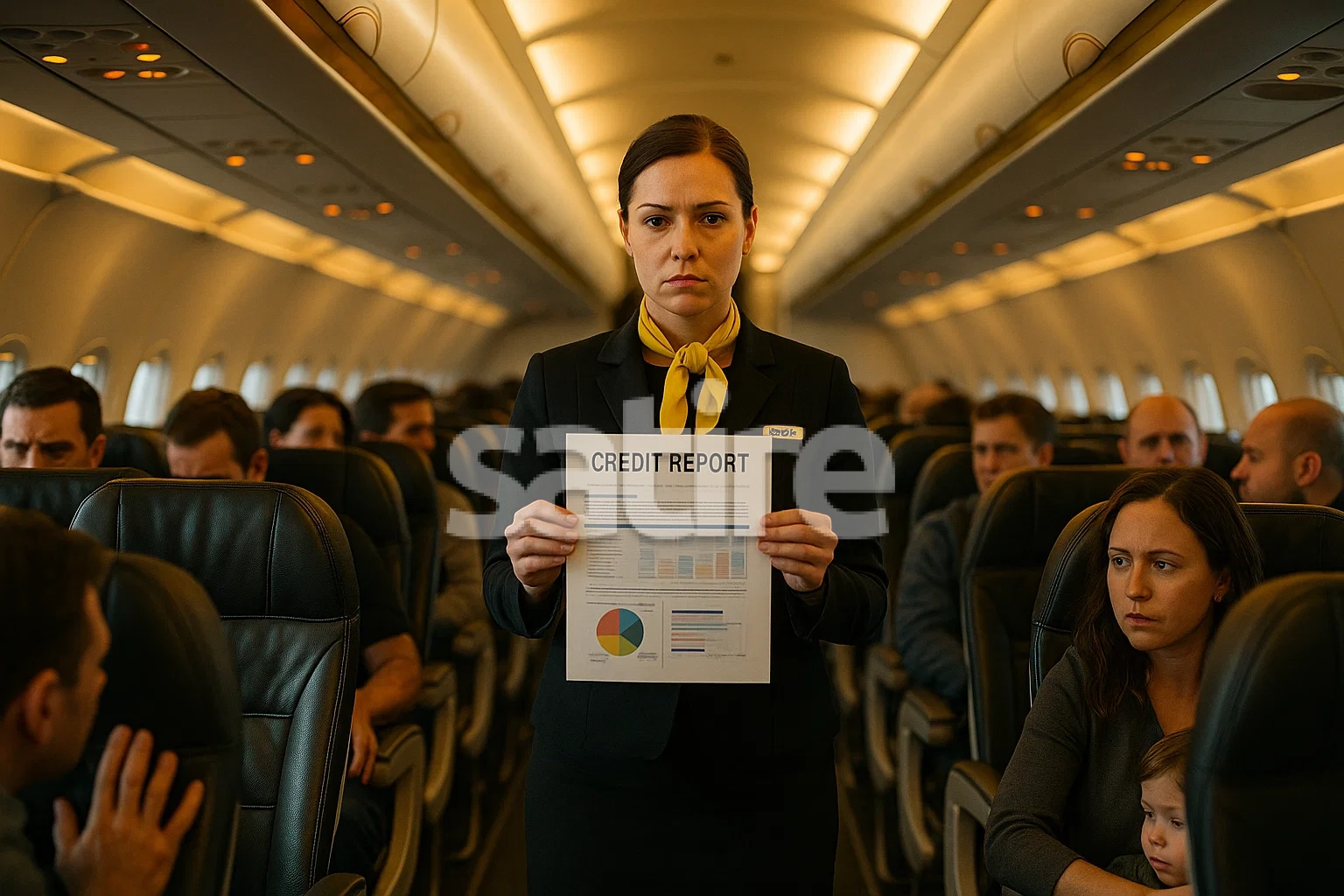 A realistic in-cabin scene where a Spirit flight attendant is holding up a credit report instead of a safety card, while passengers look on nervously