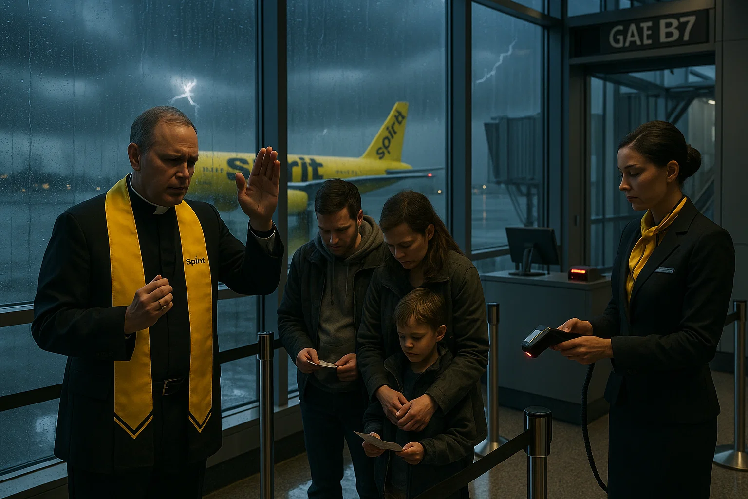 A realistic airport gate scene with a Spirit-branded priest giving last rites to passengers holding boarding passes, while a gate agent scans tickets