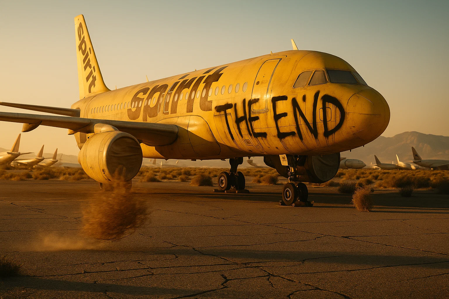A realistic Spirit Airlines jet parked in the desert boneyard, painted with “THE END” graffiti, with tumbleweeds rolling past