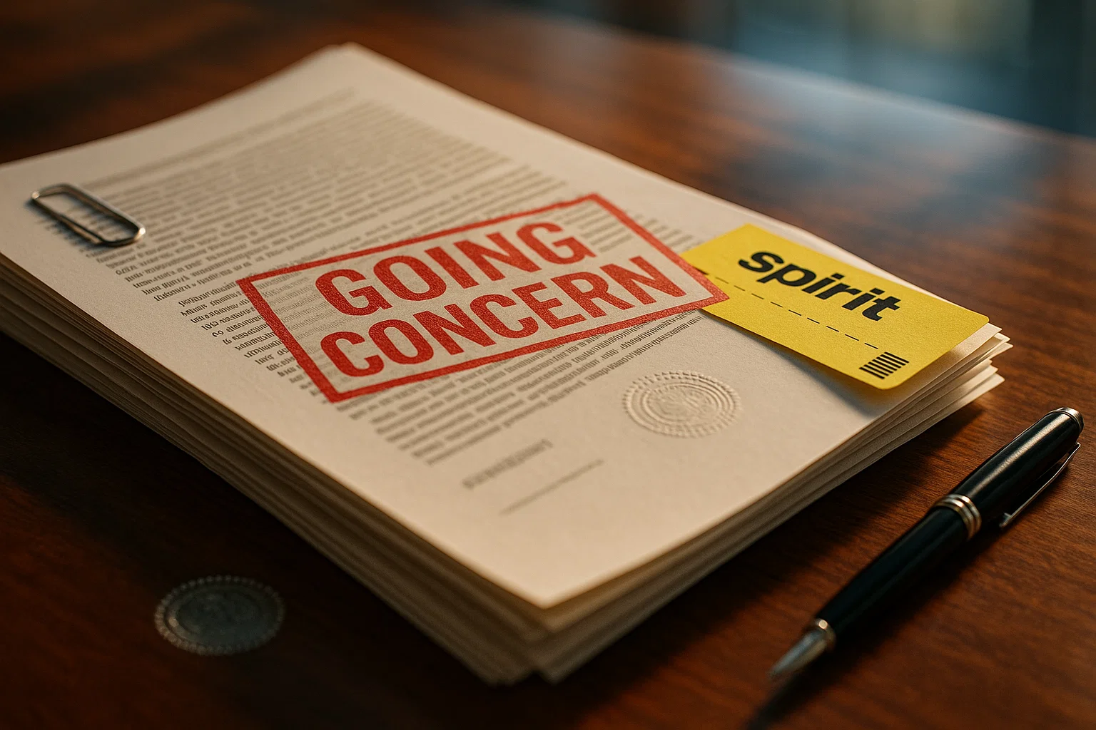 A realistic close-up of legal documents stamped “GOING CONCERN” with a Spirit boarding pass used as a bookmark, on a conference room table