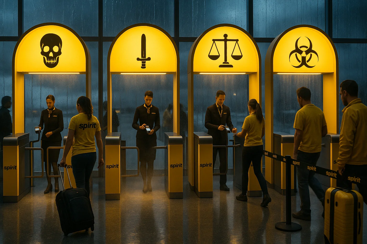 A realistic panoramic scene of an airport concourse divided into four glowing “boarding groups” labeled with apocalyptic symbols, as Spirit passengers file through turnstiles with rolling bags