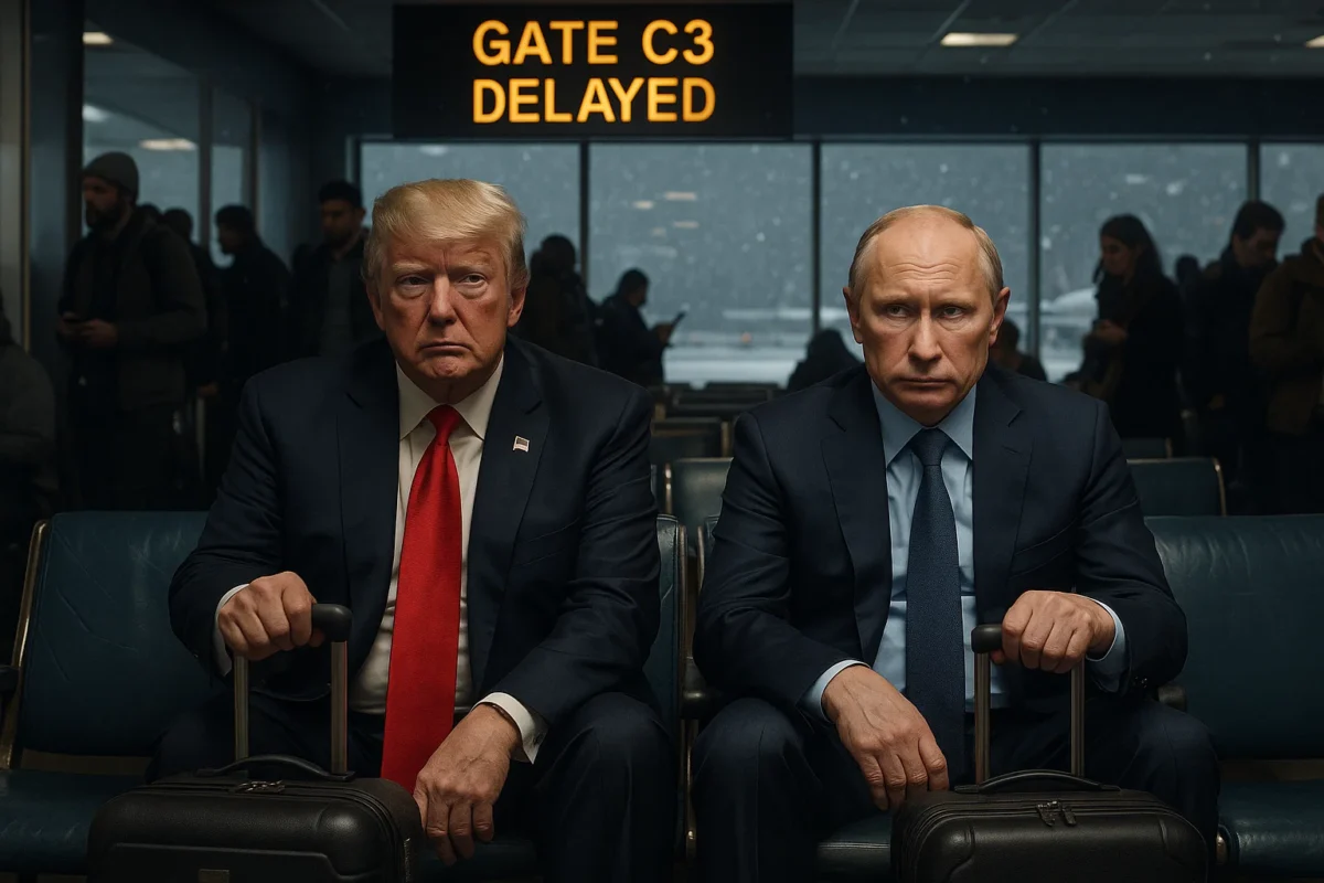 A photorealistic image of Donald Trump and Vladimir Putin sitting in worn blue vinyl airport seats at Ted Stevens Anchorage International Airport, both holding rolling carry-ons, looking bored and slightly annoyed, surrounded by travelers, an overhead “Gate C3 – Delayed” sign visible, snow falling outside the window, cinematic lighting, ultra-detailed.