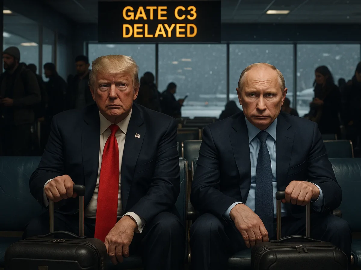 A photorealistic image of Donald Trump and Vladimir Putin sitting in worn blue vinyl airport seats at Ted Stevens Anchorage International Airport, both holding rolling carry-ons, looking bored and slightly annoyed, surrounded by travelers, an overhead “Gate C3 – Delayed” sign visible, snow falling outside the window, cinematic lighting, ultra-detailed.