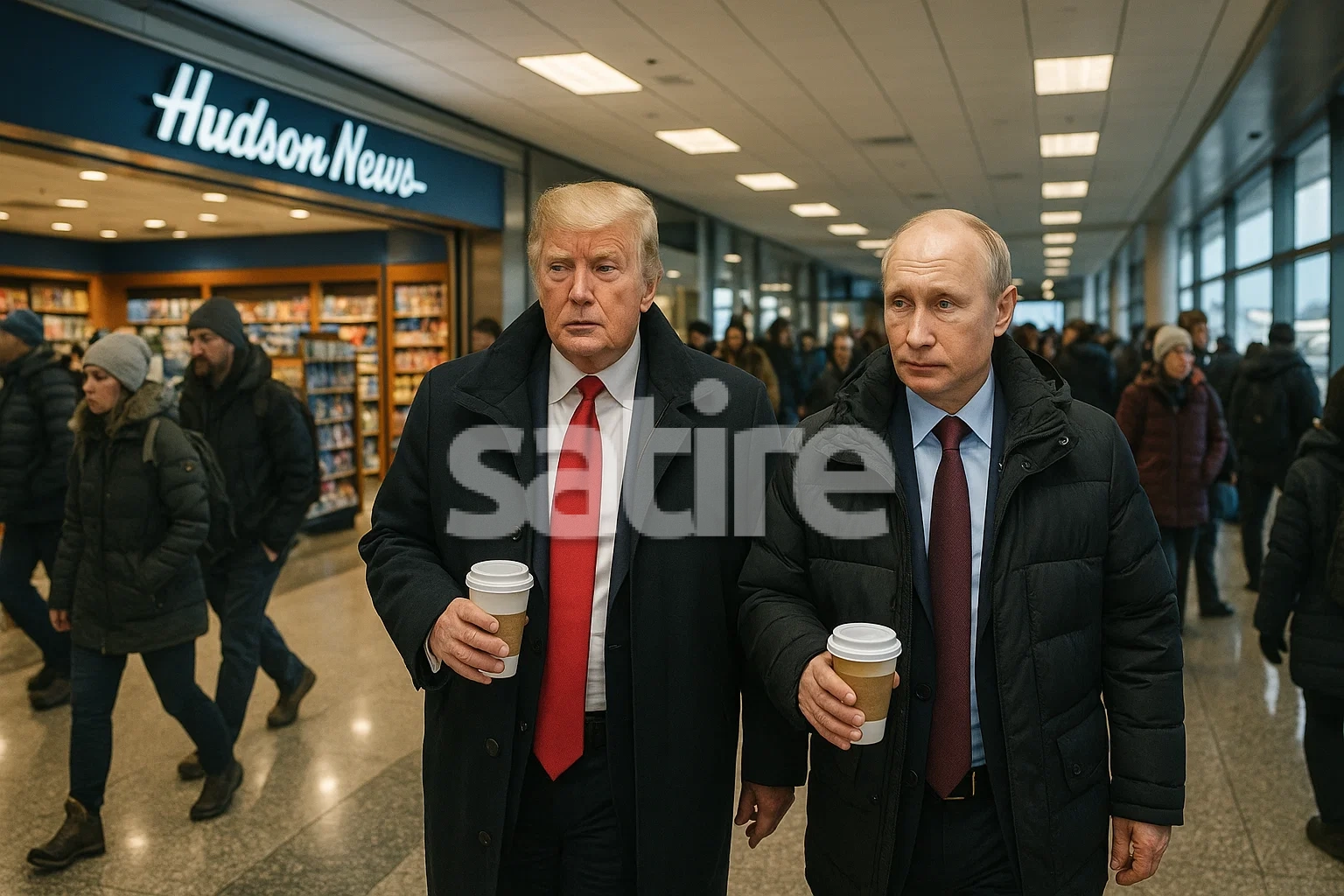 Photorealistic wide shot of Ted Stevens Anchorage International Airport concourse with Trump and Putin walking side by side past a Hudson News, both carrying coffee cups, background filled with passengers in winter gear, ultra-detailed.
