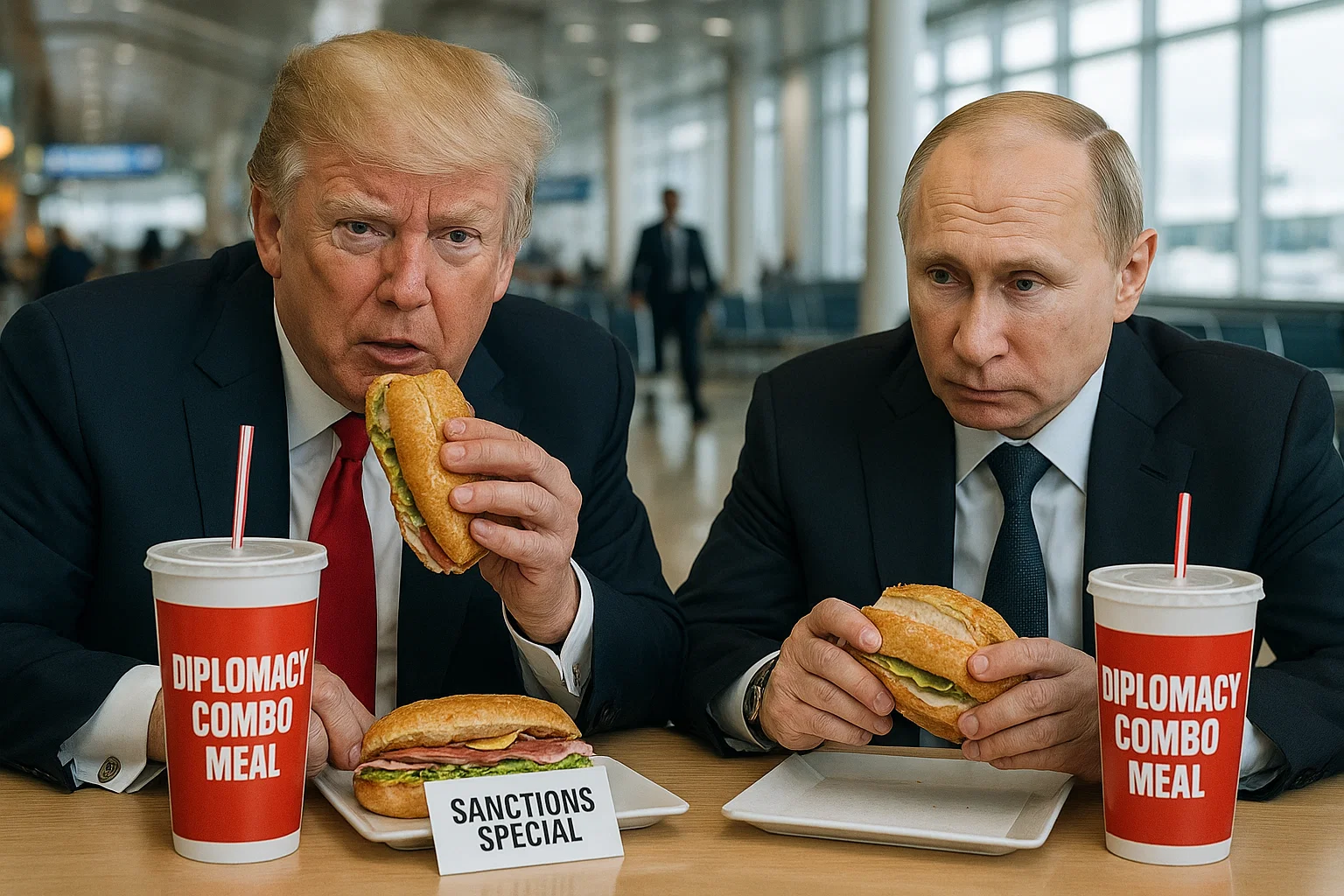 Photorealistic depiction of Trump and Putin sitting at an airport food court table eating overpriced sandwiches, one labeled “Sanctions Special,” with a soda cup that says “Diplomacy Combo Meal,” ultra-detailed.