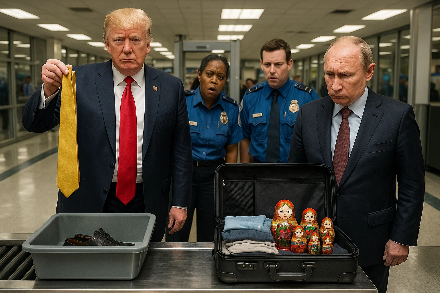 Photorealistic shot of Trump and Putin both in socks at TSA security, Putin’s carry-on open revealing matryoshka dolls, Trump holding a gold tie in the bin, TSA agents looking confused, ultra-realistic lighting.