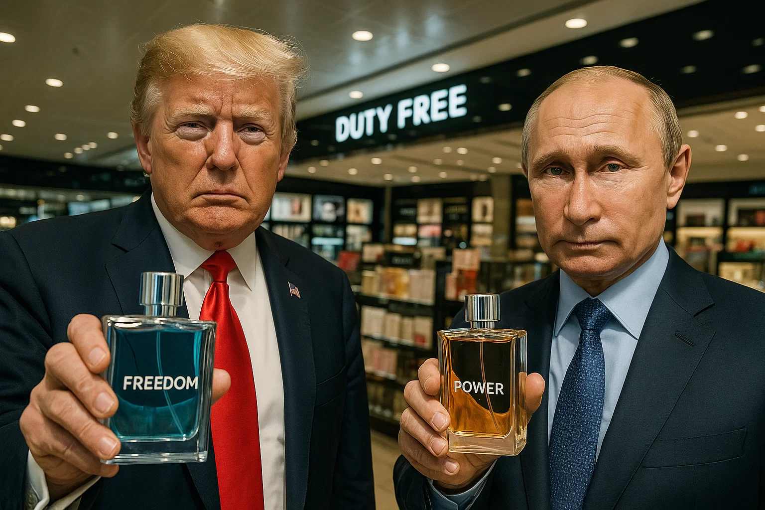 Photorealistic image of Trump and Putin standing in a duty-free perfume aisle, each holding cologne bottles labeled “Freedom” and “Power,” ultra-detailed with glossy airport lighting.
