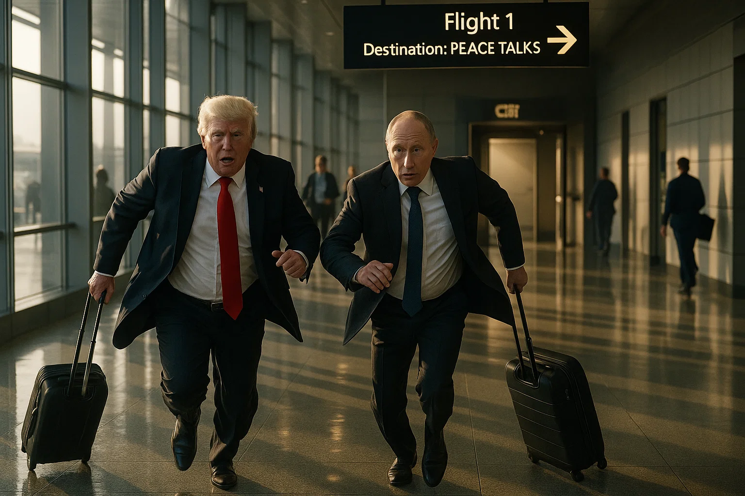 Photorealistic shot of Trump and Putin running toward an airport gate marked “Flight 1 – Destination: Peace Talks,” boarding door closing, ultra-detailed dramatic lighting.