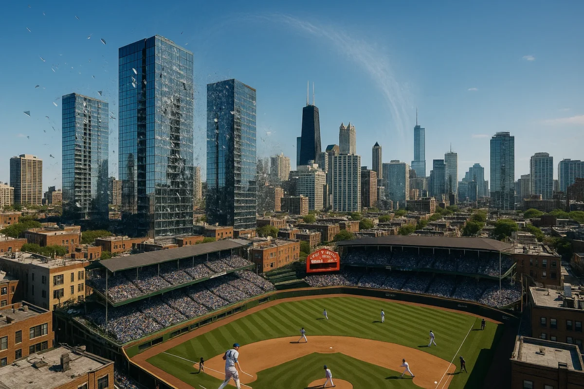 A photorealistic wide shot of Chicago’s skyline during the day as a massive sonic boom ripples across the city, glass windows shattering in Lakeview high-rises, startled Cubs players frozen mid-swing at Wrigley Field, with exaggerated comic-book-style shockwaves in the sky, cinematic realism, hyper-detailed.