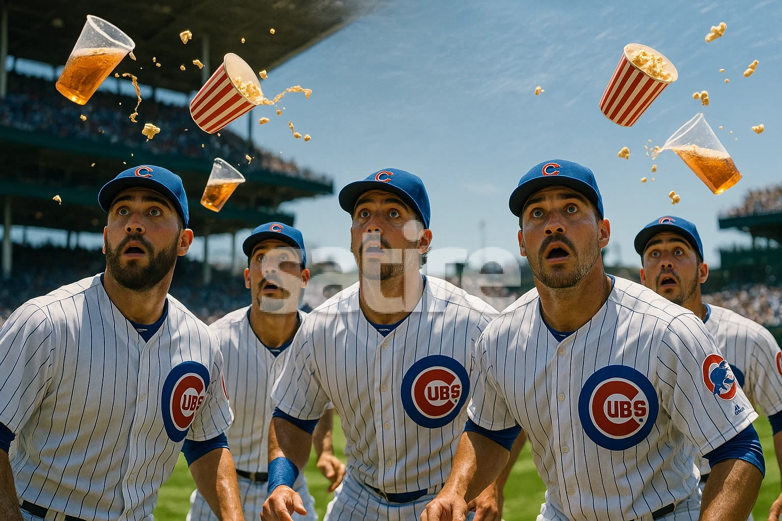 Close-up of Cubs players on the field looking up in shock as an invisible force rattles the stadium, beer cups mid-air, exaggerated ripple lines overhead.