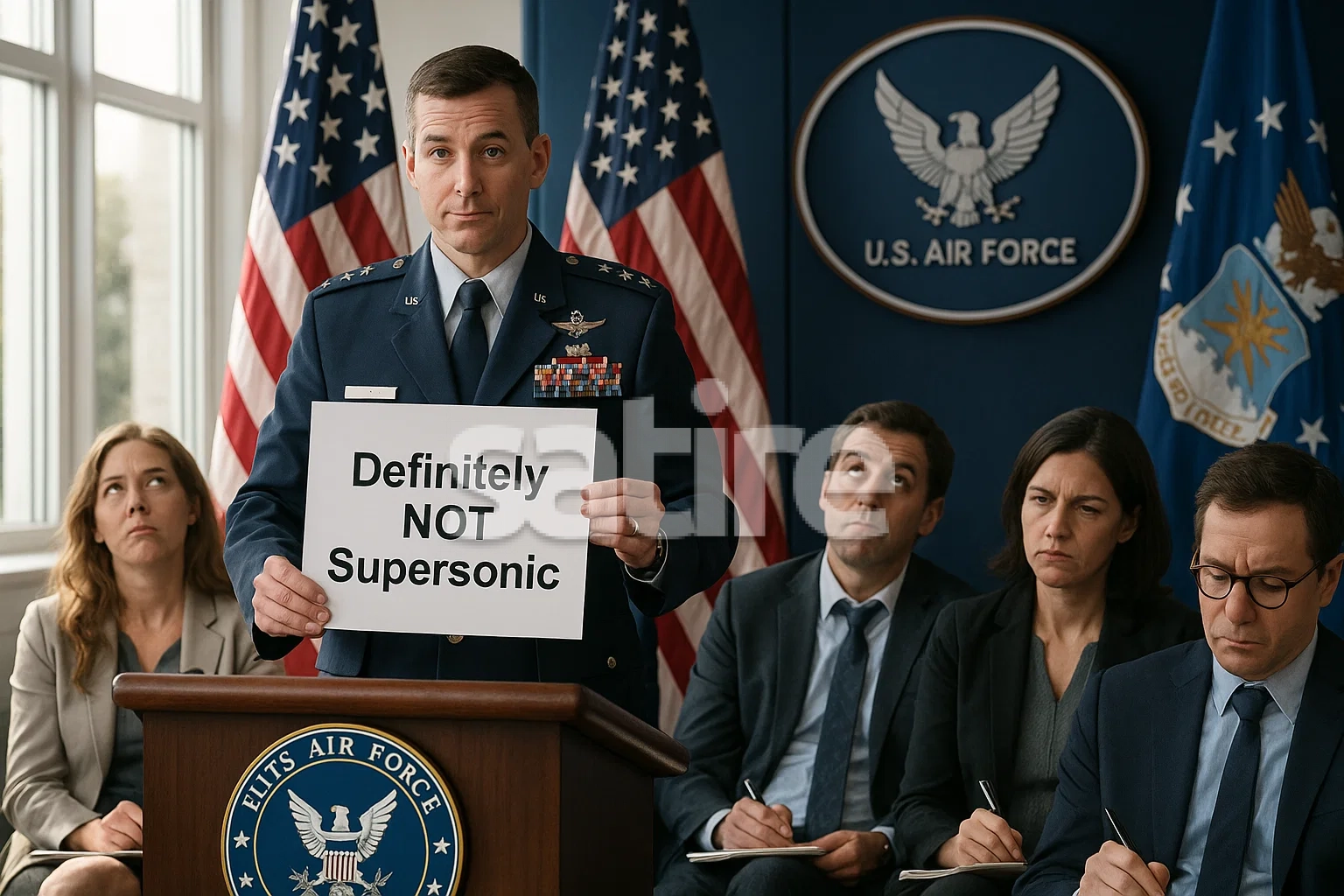 A US Air Force press conference podium with an officer holding up a PowerPoint slide that reads “Definitely NOT Supersonic” while reporters roll their eyes.