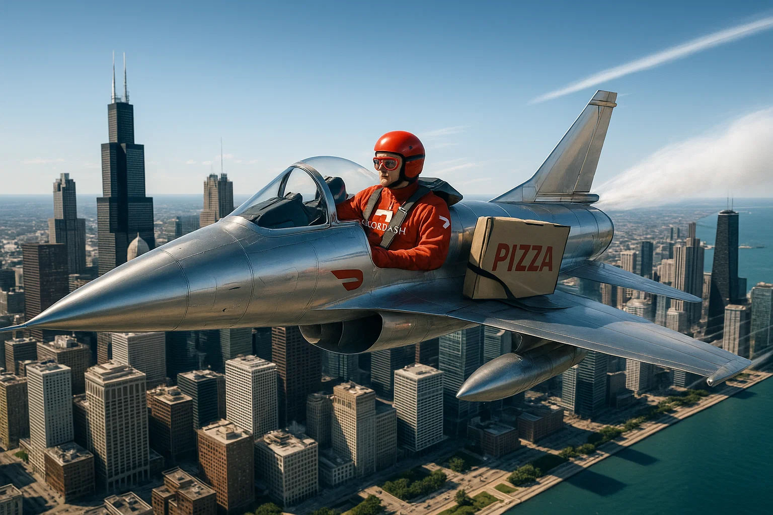 A DoorDash driver in aviator goggles piloting a supersonic fighter jet, a pizza box strapped to the fuselage, streaking over the Chicago skyline.