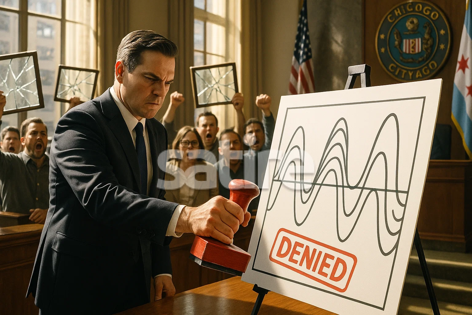 Chicago alderman holding a giant rubber stamp labeled “Denied” against a cartoonish sonic wave diagram, angry residents waving broken windowpanes in protest.