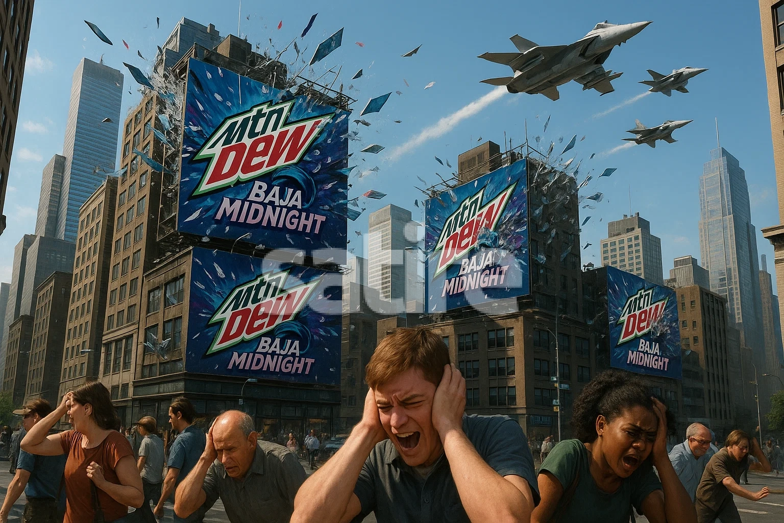 Billboards for Mountain Dew “Baja Midnight” exploding across the skyline as jets roar past, residents shielding their ears.
