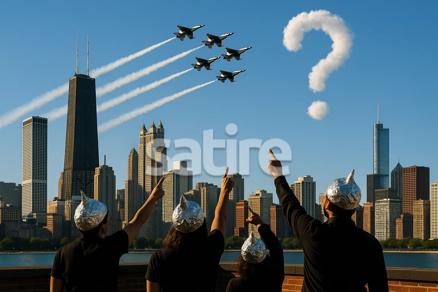 Chicago skyline at sunset, silhouetted residents with tinfoil hats pointing to the sky, Thunderbirds flying in formation with a giant question mark cloud behind them.