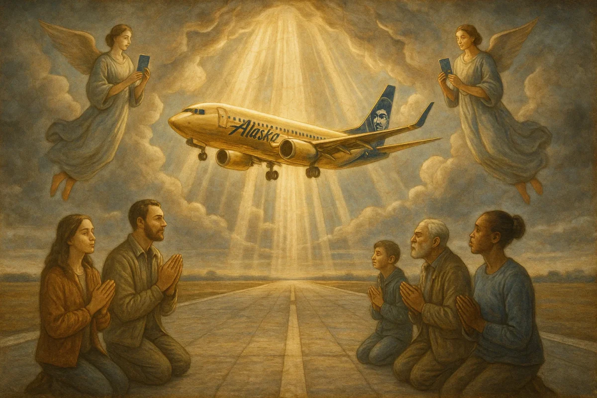 A hyperrealistic fresco painting of a glowing Alaska Airlines aircraft in the sky, surrounded by angelic flight attendants holding credit cards like hymnals, passengers kneeling in prayer on a runway altar, dramatic heavenly lighting, clouds parting like a cathedral dome.