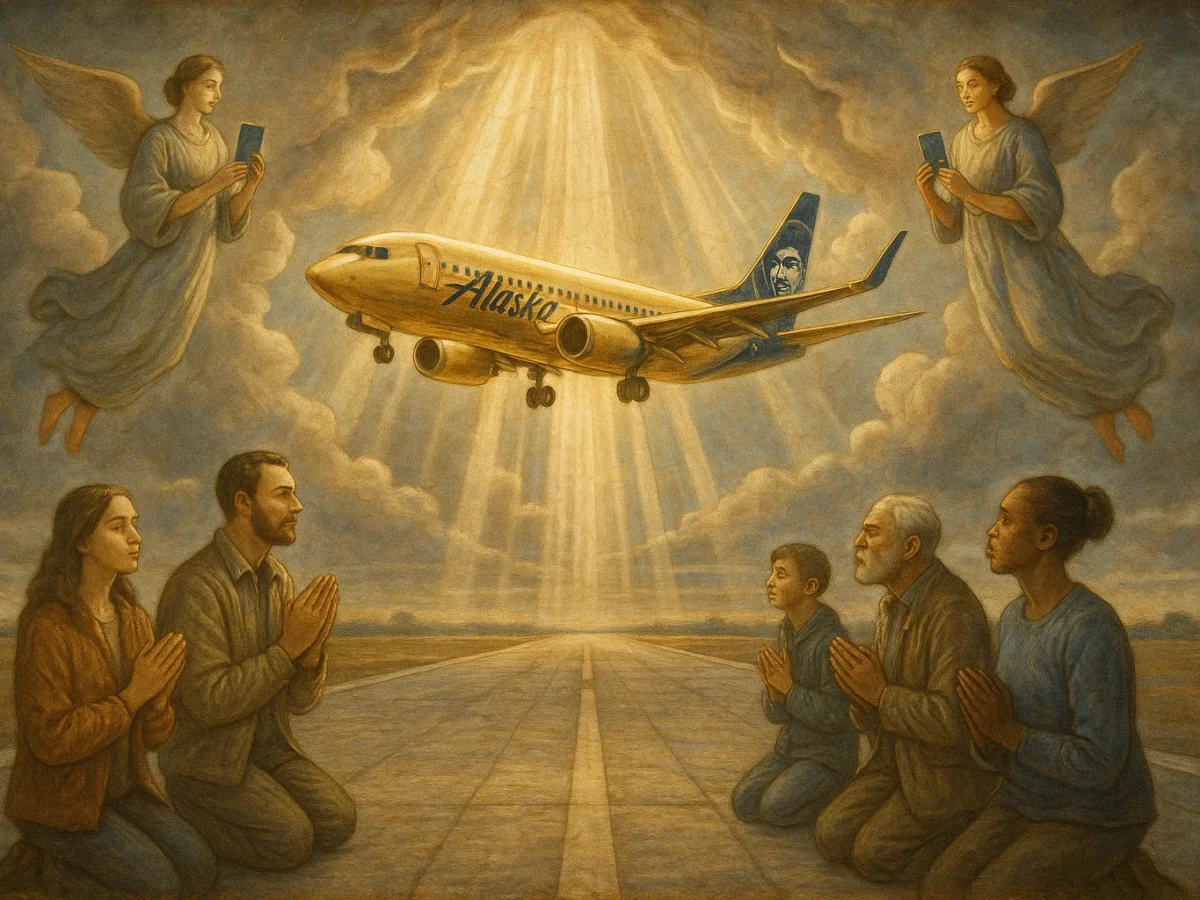 A hyperrealistic fresco painting of a glowing Alaska Airlines aircraft in the sky, surrounded by angelic flight attendants holding credit cards like hymnals, passengers kneeling in prayer on a runway altar, dramatic heavenly lighting, clouds parting like a cathedral dome.