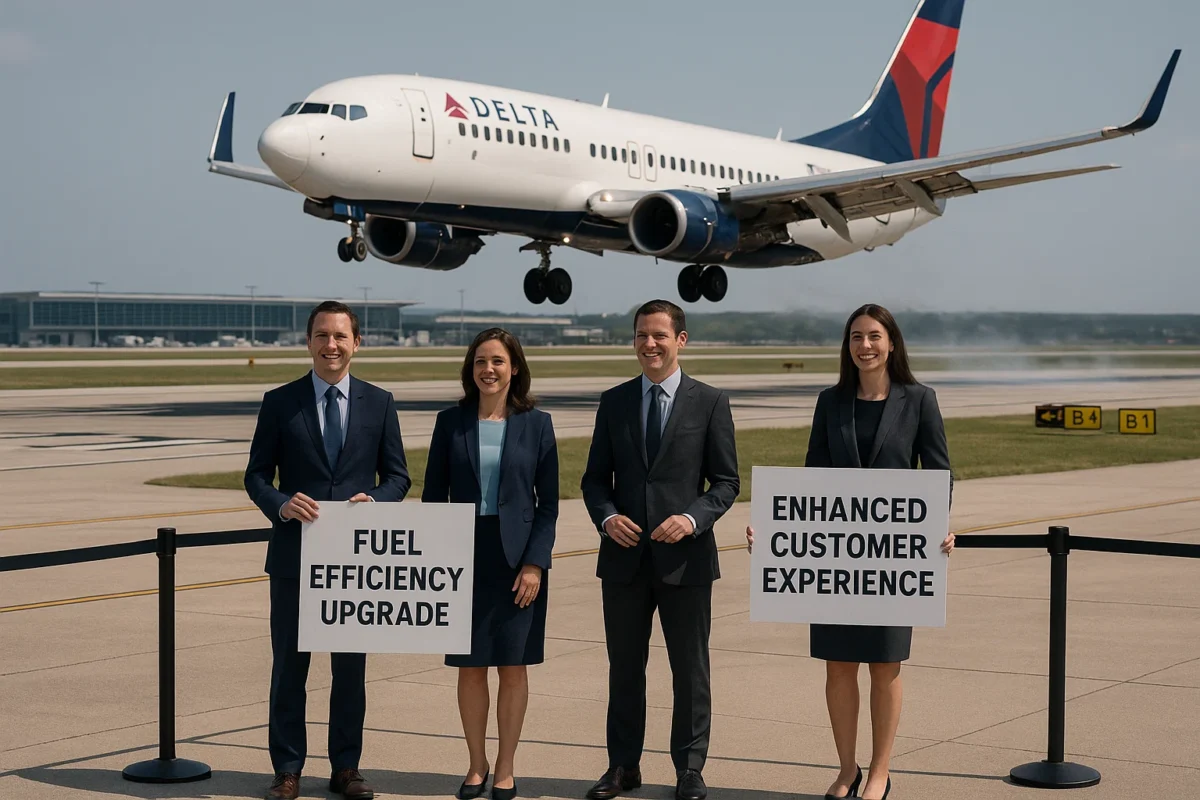 A Delta Boeing 737 landing at Austin airport, but one wing visibly missing a flap. Corporate PR executives in suits stand on the tarmac holding giant spin-doctor cue cards like “Fuel Efficiency Upgrade” and “Enhanced Customer Experience,” smiling as if it’s a press event. Cinematic, photoreal style.
