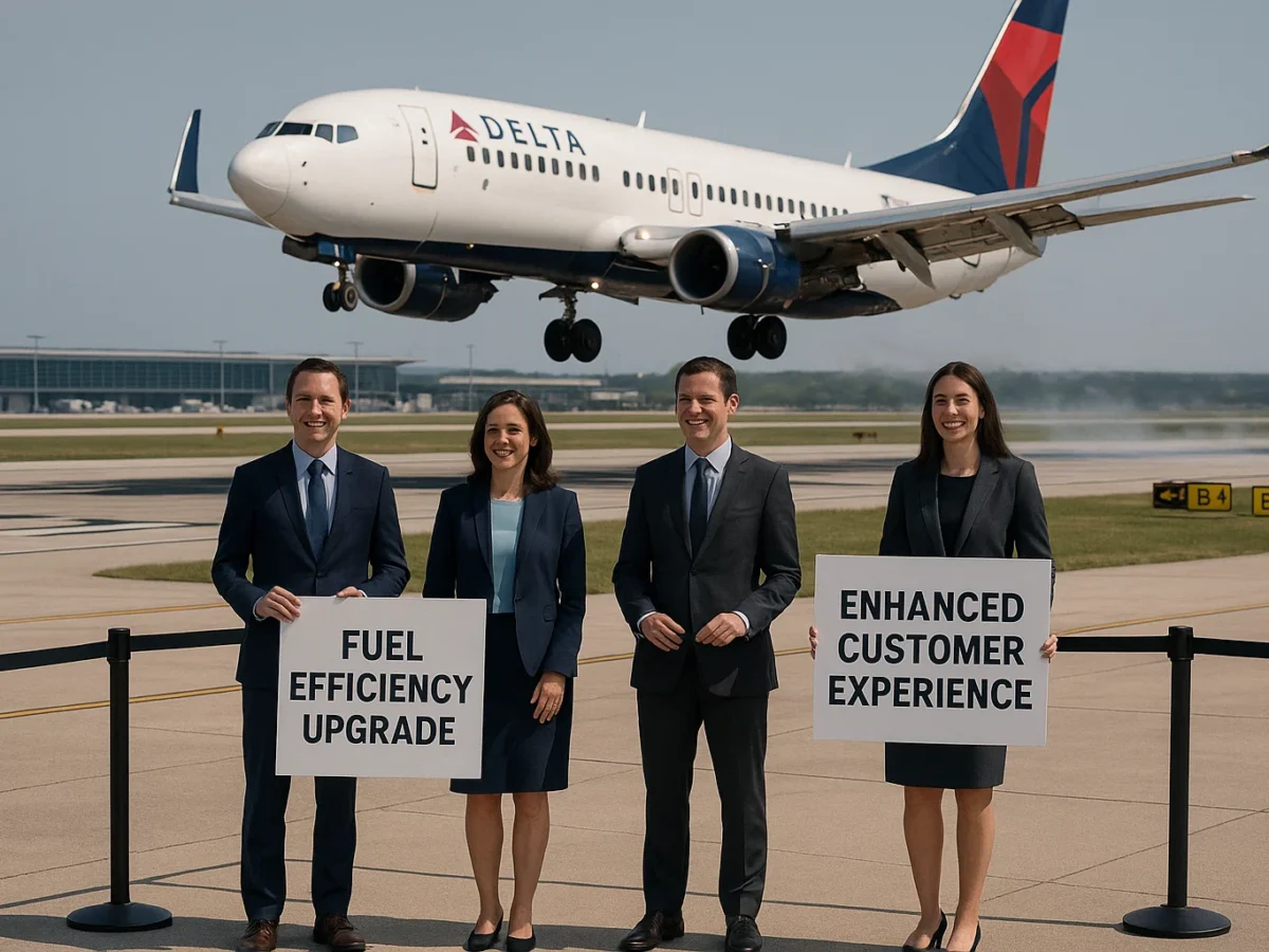 A Delta Boeing 737 landing at Austin airport, but one wing visibly missing a flap. Corporate PR executives in suits stand on the tarmac holding giant spin-doctor cue cards like “Fuel Efficiency Upgrade” and “Enhanced Customer Experience,” smiling as if it’s a press event. Cinematic, photoreal style.