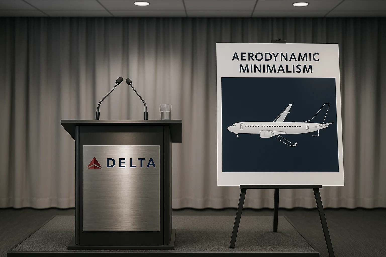 A press conference lectern with a Delta logo; behind it, a glossy poster titled “Aerodynamic Minimalism” showing a 737 silhouette with dotted lines where parts used to be.