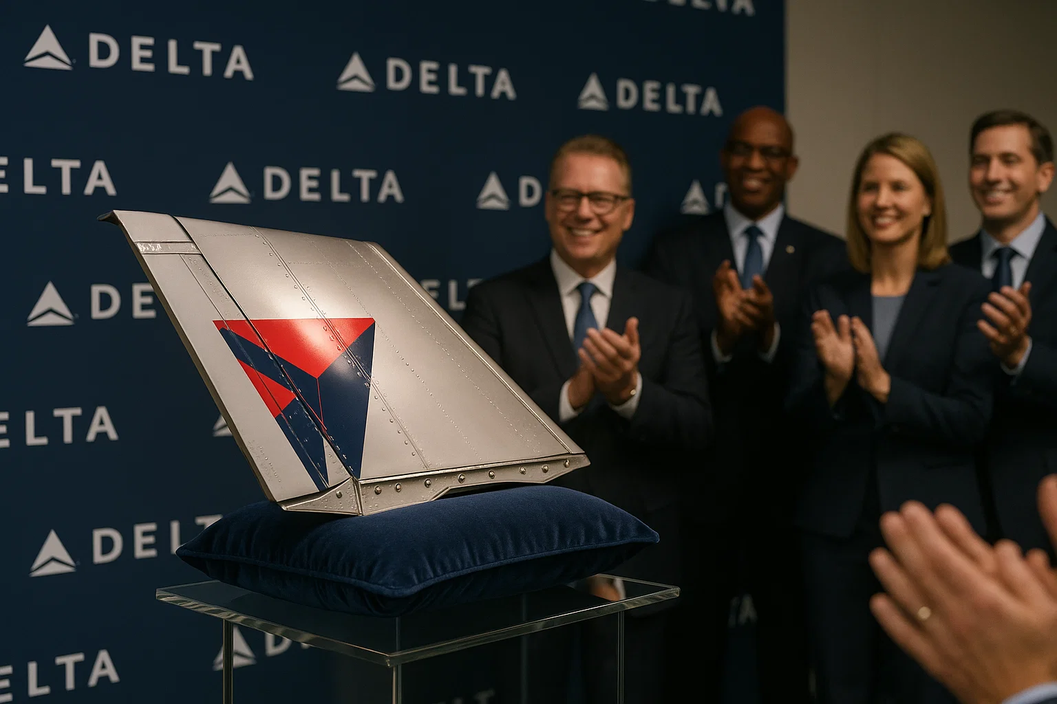 Press backdrop with a Delta logo; executives beam proudly as a detached flap rests on a velvet pillow like a new product reveal, complete with soft spotlight and choreographed applause.