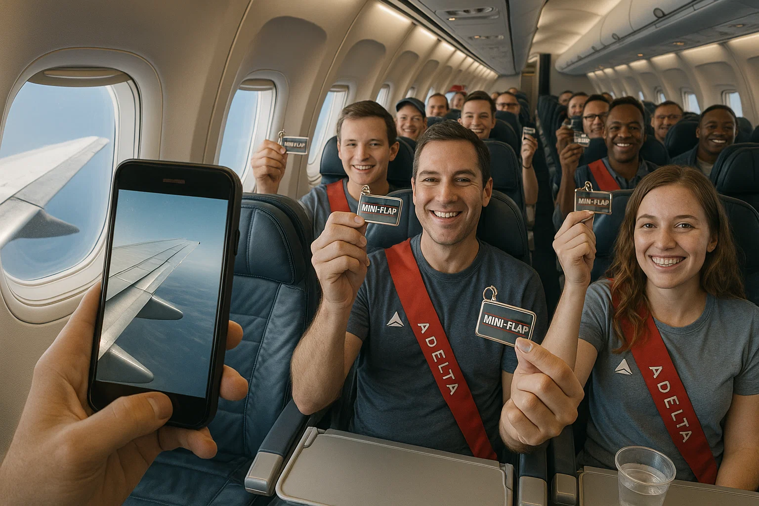 Smiling passengers in Delta-branded sashes holding souvenir “Mini-Flap” keychains while the cabin subtly rattles; a phone camera captures a close-up of the bent trailing edge through the window.