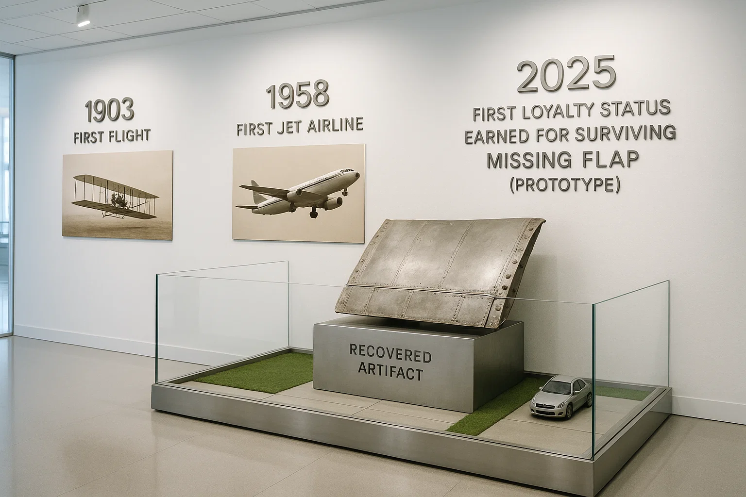 A timeline wall in an aviation museum: “1903 — First Flight,” “1958 — First Jet Airline,” “2025 — First Loyalty Status Earned for Surviving Missing Flap (Prototype).” A small suburban driveway diorama showcases a flap section with a plaque: “Recovered Artifact.”