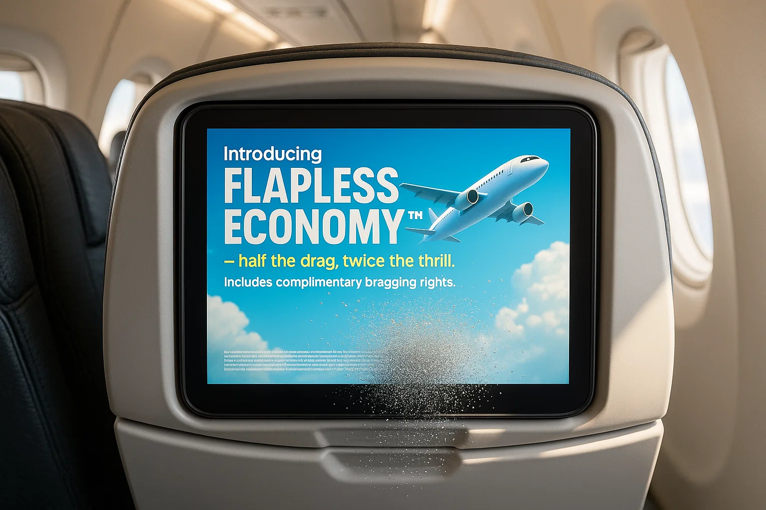 A cheerful seatback ad: “Introducing Flapless Economy™ — half the drag, twice the thrill. Includes complimentary bragging rights.” Fine print explodes across the screen like confetti.