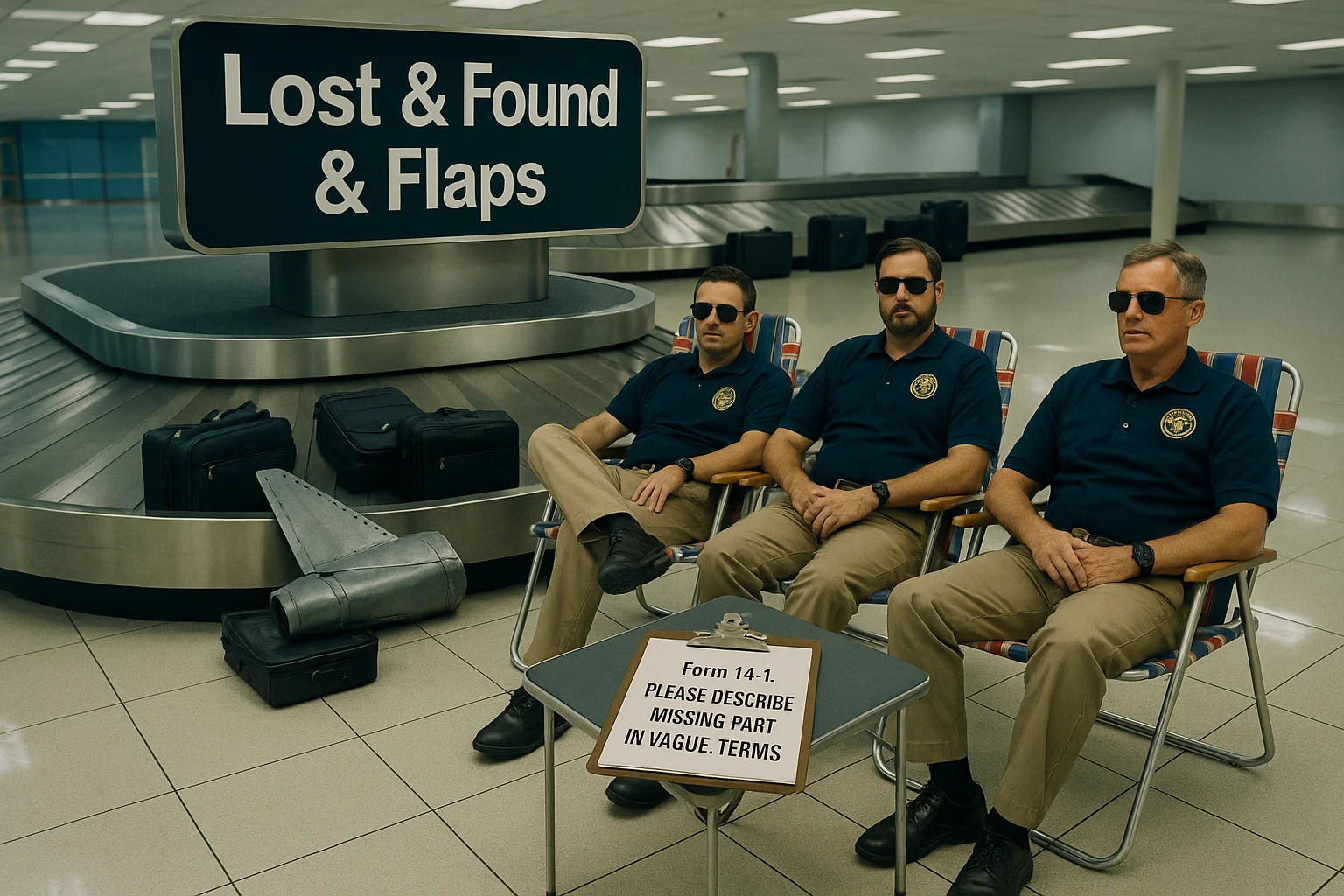 FAA investigators lounging in lawn chairs near a baggage carousel labeled “Lost & Found & Flaps,” while a clipboard reads “Form 14-L: Please Describe Missing Part In Vague Terms.”