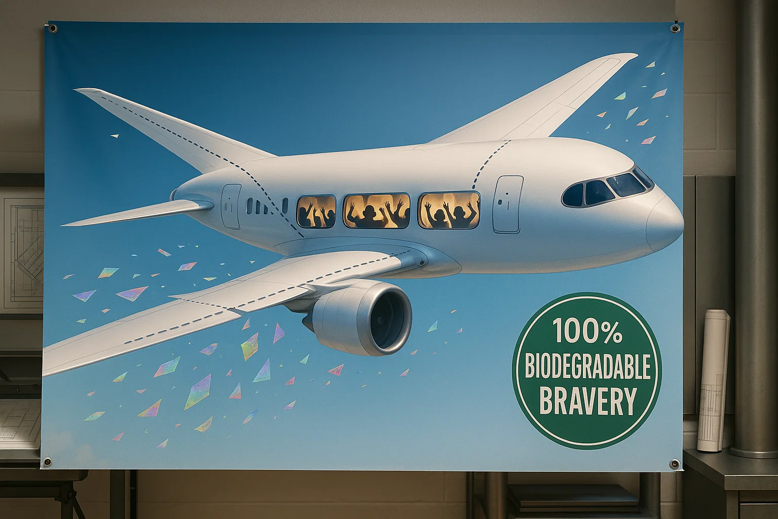Concept art of a near-future airliner with perforated, “tear-here” wing panels that flutter away like confetti while passengers cheer; a sustainability badge reads “100% Biodegradable Bravery.”