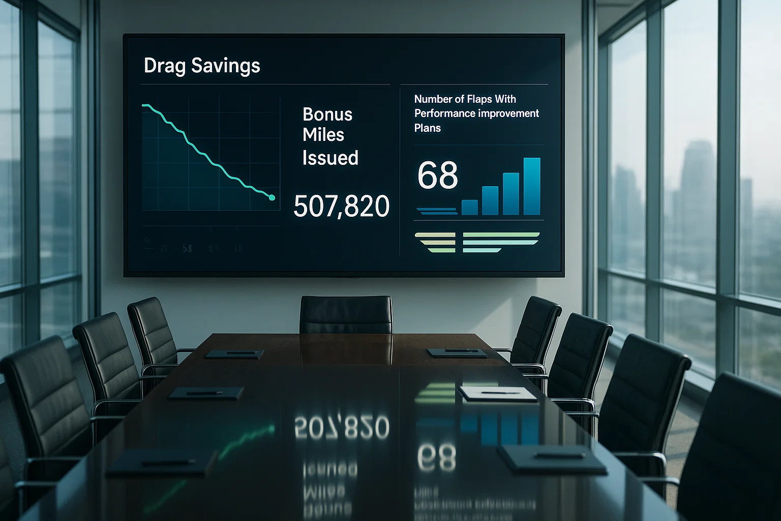 A corporate transparency dashboard displayed on a giant screen showing metrics like “Drag Savings,” “Bonus Miles Issued,” and “Number of Flaps With Performance Improvement Plans.”