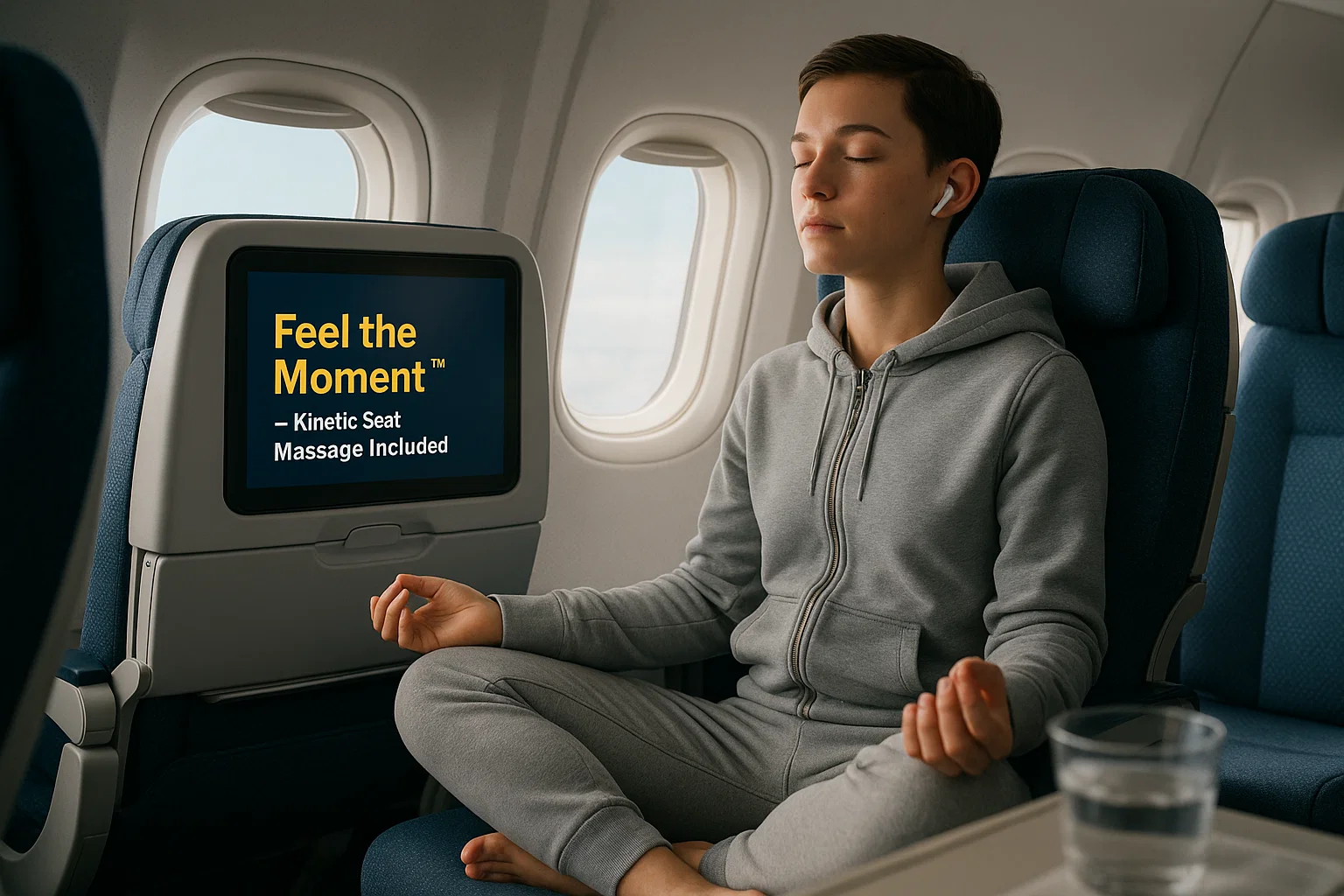 A lifestyle ad: a person in athleisure meditating in a coach seat while the cabin vibrates, copy reading “Feel the Moment™ — Kinetic Seat Massage Included.”