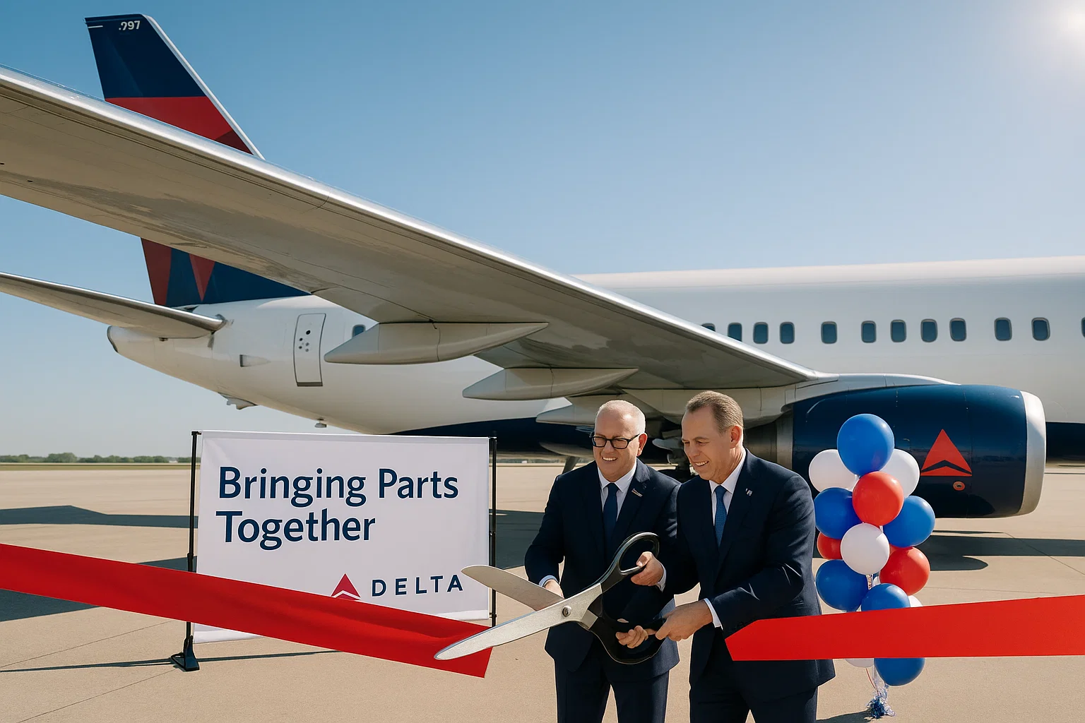 A ribbon-cutting ceremony in front of an intact 737 wing; giant scissors hover near—but not touching—the flap. A banner reads: “Bringing Parts Together.”