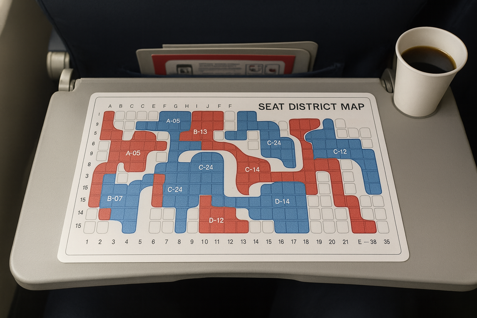 a realistic seat map printed like a political map with districts (aisle, window, middle), tiny flag pins in rows, overhead bins labeled as mountain ranges, photorealistic overhead view
