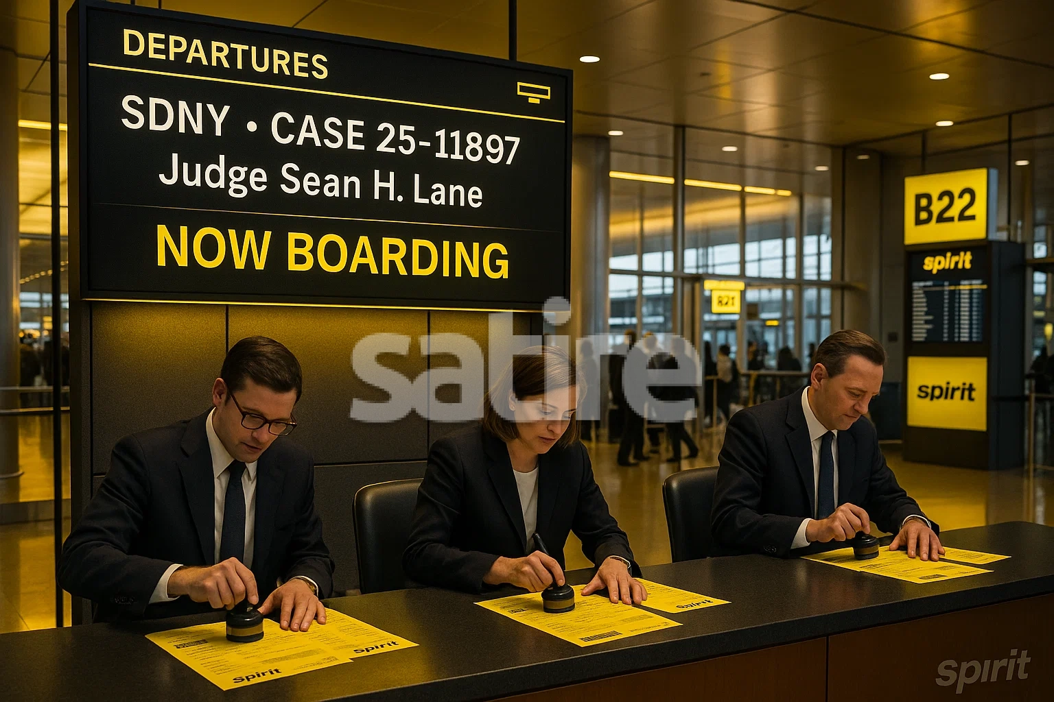 A photorealistic, ultra-sharp image set in a modern airport terminal with a departures board seamlessly fused with a digital courtroom docket. The board’s display features glowing Spirit-yellow highlights and clearly reads: “SDNY • Case 25-11897 • Judge Sean H. Lane • Now Boarding.” Below the board, uniformed clerks—dressed in business attire reminiscent of courtroom staff—are energetically stamping official documents that closely resemble Spirit Airlines boarding passes, each featuring bold yellow coloring and detailed barcodes. Ambient Spirit-yellow accent lighting bathes the entire gate area, casting warm glows on polished floors and metallic columns. Subtle SPIRIT logo watermarks are visible on nearby gate signage and departure screens, providing tasteful branding throughout the scene. The atmosphere is bustling yet orderly, combining the gravitas of the legal world with the familiar energy of airport travel.