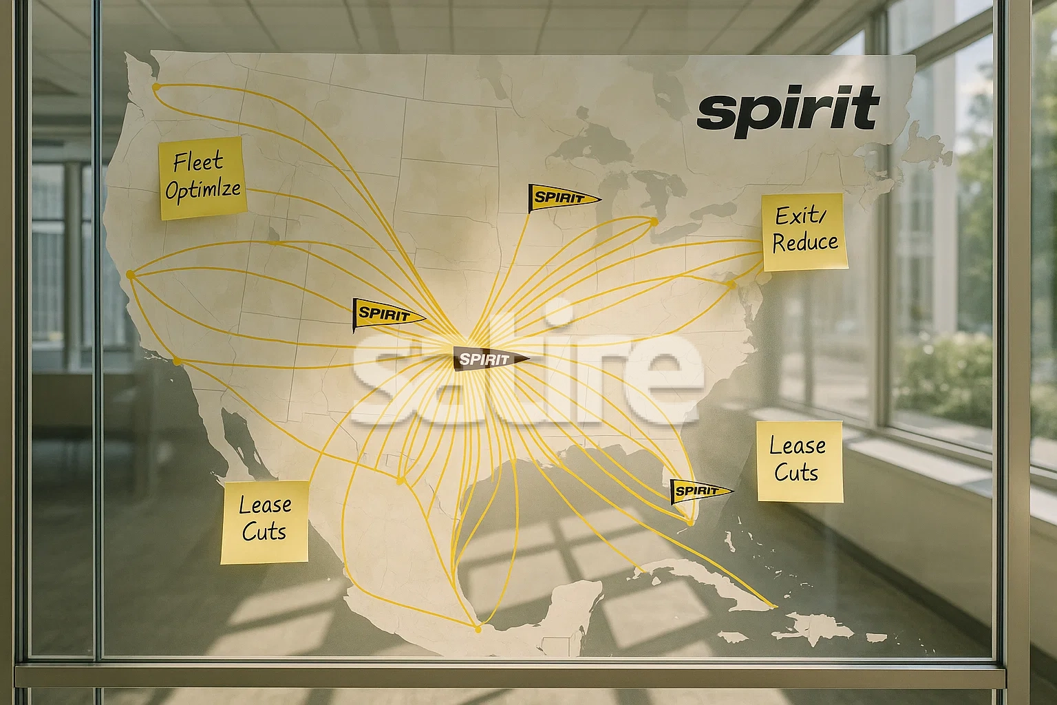 A photorealistic, ultra-detailed image set indoors, with a large glass wall serving as the focal point. A stylized Spirit Airlines route map is clearly displayed on the glass, showing interconnected yellow routes arching across an abstract, map-like background. The Spirit-yellow lines branch out from a dense central area and fade as they stretch outward, merging into a more compact core network. Though the map resembles a real airline route map, all city names and airport identifiers are omitted, making the destinations intentionally vague. Scattered on the glass are handwritten sticky notes labeled “Fleet Optimize,” “Exit/Reduce,” and “Lease Cuts,” attached at various points over the network. Small SPIRIT logo pennants mark select surviving hubs in the map’s core, standing out against the luminous, clean design. Sunlight fills the space, creating realistic reflections on the glass and maintaining a bright, airy, highly photographic atmosphere.