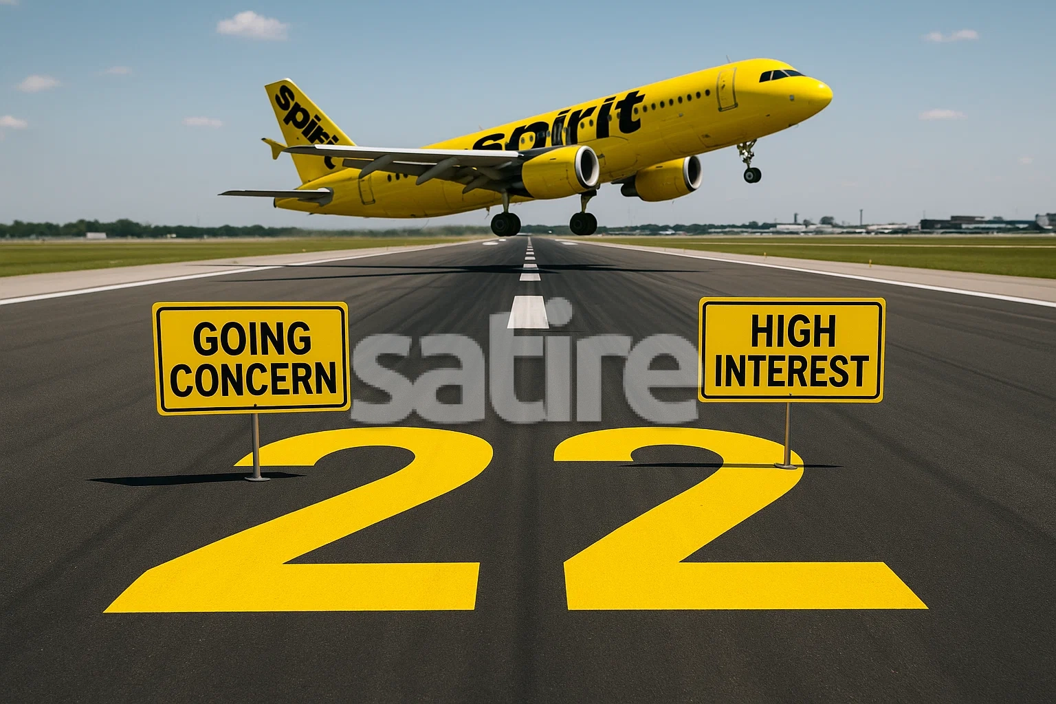 A photorealistic, ultra-sharp image of an airport runway in bright daylight. The runway’s centerline features a giant “22” freshly painted in vivid Spirit-yellow, standing out against the smooth, dark tarmac. Prominently positioned near the number, there are realistic warning placards staked into the concrete—one clearly reads “Going Concern,” the other “High Interest,” both styled to resemble authentic airport safety signage. In the background, a Spirit Airlines jet—its signature yellow SPIRIT logo bold on the tail—lifts off in rotation, wheels just leaving the runway, while heat shimmer subtly blurs the air behind the engines. The composition captures crisp runway details, realistic lighting, and a sense of forward momentum, all anchored by the bright branding cues.