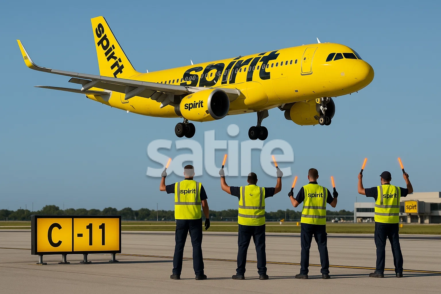 A photorealistic, sharply detailed image of a Spirit Airlines jet in vivid yellow livery descending on short final approach under clear, natural daylight. The runway environment is bright and realistic, with crisp sunlight creating gentle, accurate shadows across the tarmac. The runway sign marked “C-11” glows with a clean Spirit-yellow illumination, standing out clearly but not overpowering the scene. Four real ramp agents in Spirit uniforms confidently guide the approaching aircraft with glowing marshalling wands, their reflective vests and focused stances adding an authentic sense of teamwork and safety. Tasteful Spirit logos are visible on the jet’s tail and discreetly placed on the jet bridge in the background. The entire composition feels open, clear, and true-to-life, highlighting the dynamic moment of approach with realistic lighting, sharp color, and aviation detail.