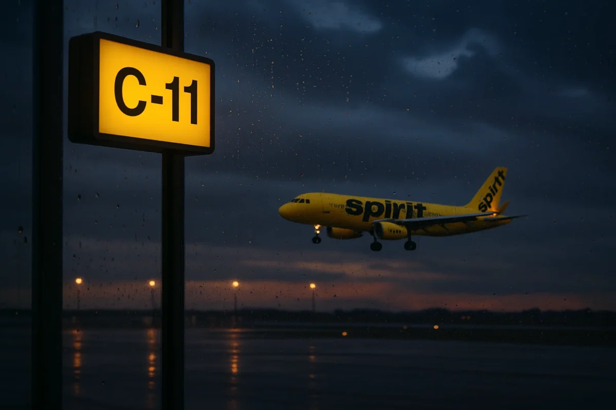 Photorealistic dusk, exterior ramp view. A Spirit Airlines A320 in billboard SPIRIT livery is on short final behind rain-speckled terminal glass. In the foreground, a simple Gate C-11 sign glows in Spirit-yellow; no other signage or props. The storm sky is moody but natural; one distant cloud subtly suggests a single horse-and-rider shape (soft, accidental, not literal). Realistic apron lighting, wet tarmac reflections, shallow depth of field, no lens flares.