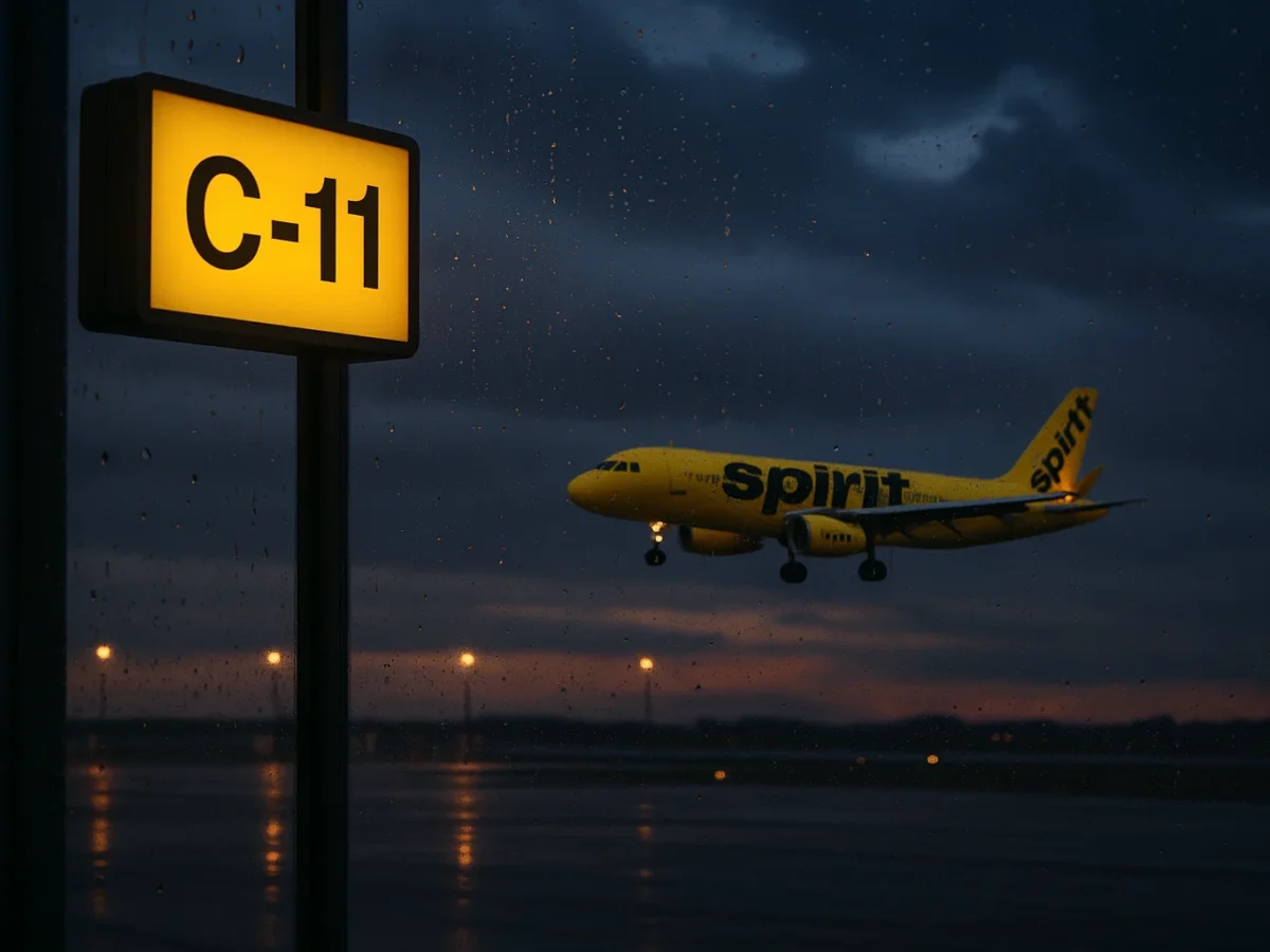Photorealistic dusk, exterior ramp view. A Spirit Airlines A320 in billboard SPIRIT livery is on short final behind rain-speckled terminal glass. In the foreground, a simple Gate C-11 sign glows in Spirit-yellow; no other signage or props. The storm sky is moody but natural; one distant cloud subtly suggests a single horse-and-rider shape (soft, accidental, not literal). Realistic apron lighting, wet tarmac reflections, shallow depth of field, no lens flares.