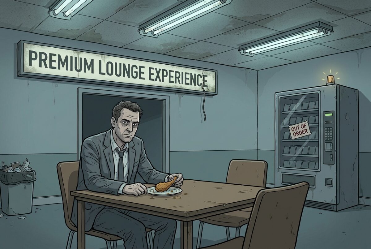 A weary traveler in business casual clothes eats a chicken finger at a stark conference table in an airport lounge that looks like a repurposed storage room, with a broken soda machine and a damaged premium lounge sign.